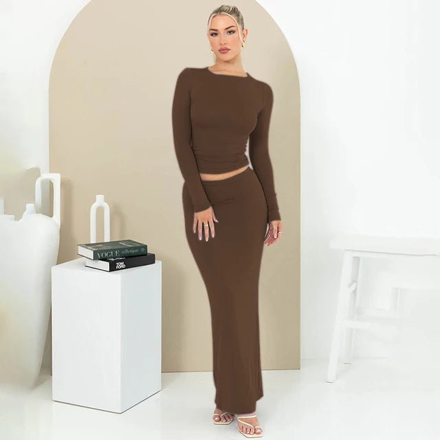 Autumn Solid Round Collar Long Sleeves Half-Length Skirt Slim Suit 2023 Casual Women Two-Piece Set