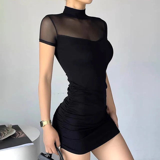 Goth Dark Mock Neck Y2k Bodycon Mini Dress Gothic Women Mesh Patchwork Sheer Party Dress