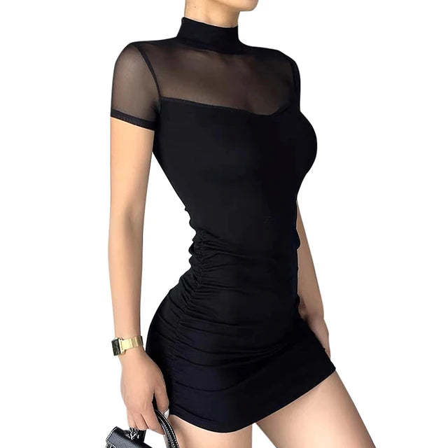 Goth Dark Mock Neck Y2k Bodycon Mini Dress Gothic Women Mesh Patchwork Sheer Party Dress