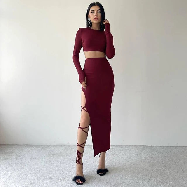 Pullover Long Sleeve Crop Top Elastic Waist Halter High Split Legless Sexy Tie Skirt Set