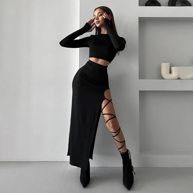 Pullover Long Sleeve Crop Top Elastic Waist Halter High Split Legless Sexy Tie Skirt Set