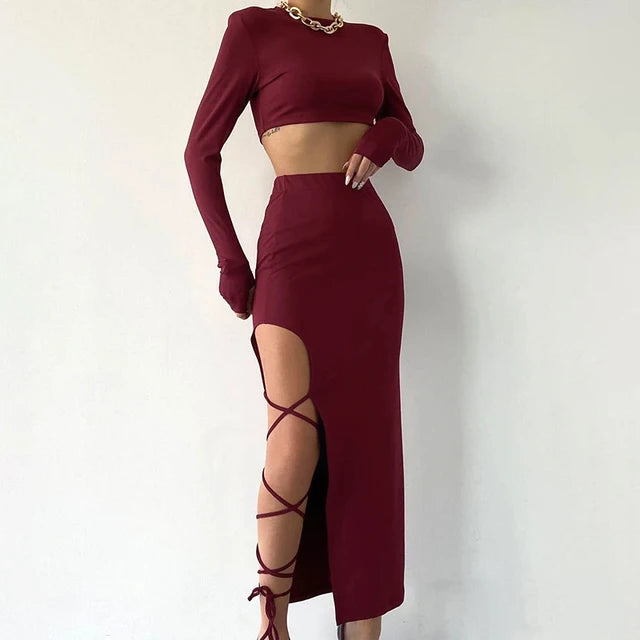 Pullover Long Sleeve Crop Top Elastic Waist Halter High Split Legless Sexy Tie Skirt Set