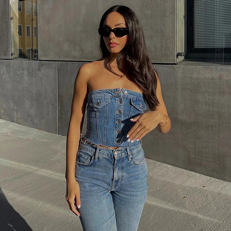 Solid Denim Pocket Design Button Vest Women Casual Bare Midriff Wrapped Chest Sleeveless Crop Tops Streetwear Tanks _ Sleeveless Crop Tops Streetwear Tanks _ Women Casual Bare Midriff Wrapped Chest _ Solid Denim Pocket Design Button Vest