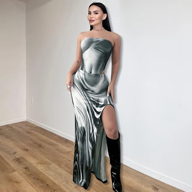 Summer Women Sexy 3D Body Print 2 Piece Set Strapless Bodysuits High Slit Long Skirts Sleeveless Outfits Club Streetwear