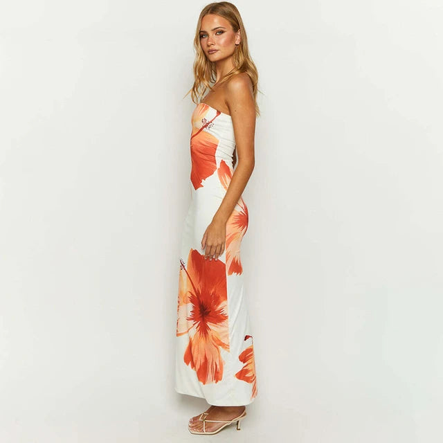 Women’s 2024 New Flower Printed Tubeless Off Shoulder Beach Long Dress