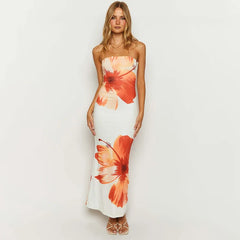 Women’s 2024 New Flower Printed Tubeless Off Shoulder Beach Long Dress