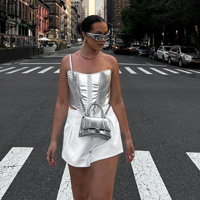 Women__ Metallic Vest Top Sexy Slim Undercoat Corset Bottoming Shirt Waist Bandage Hot Girls Streetwear Spring 2025