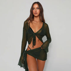 Womens 2 Piece Sheer Mesh Swimsuit Cover Up Set _ Long Sleeve Crop Top and Mini Wrap Skirt Sarong