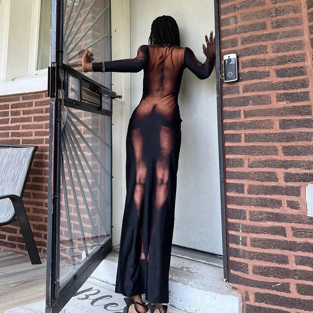 Y2K 3D Body Print Maxi Dress Women Long Sleeve Unique Sexy Body-Shaping Attirewear Robe Party