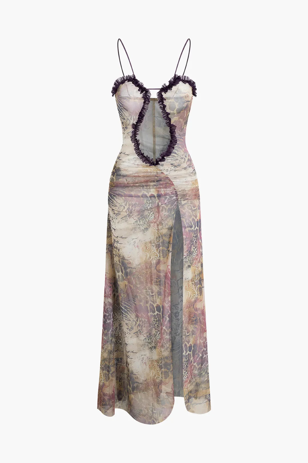 Caity Printed Ruffle Cut Out Mesh Maxi Dress