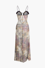 Caity Printed Ruffle Cut Out Mesh Maxi Dress