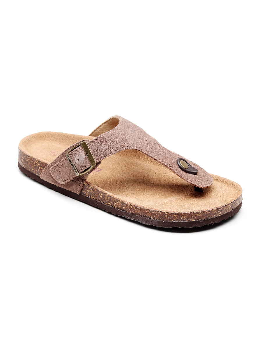 Maibulun | Camel Suede T-Strap Leather Sandals