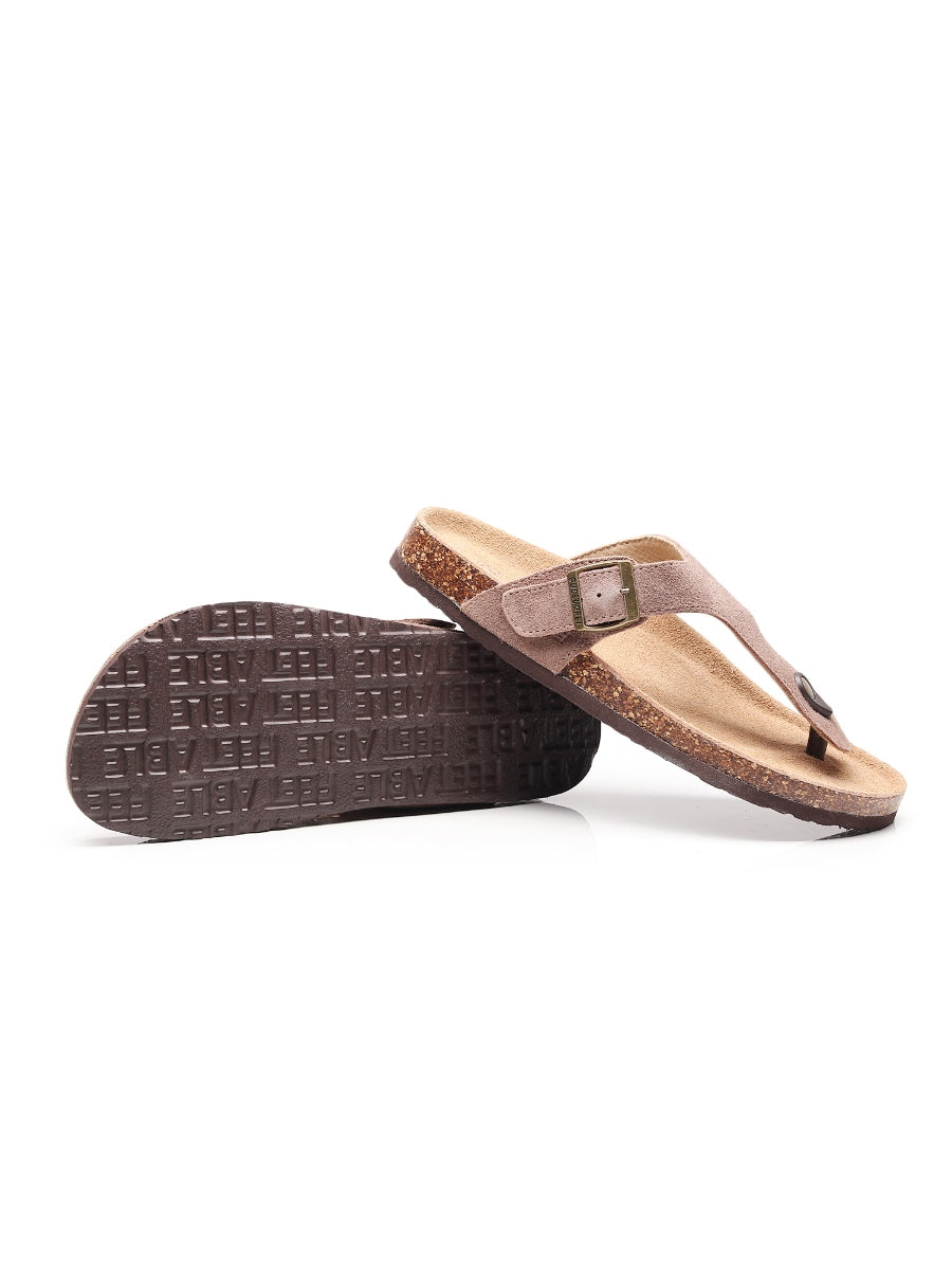 Maibulun | Camel Suede T-Strap Leather Sandals