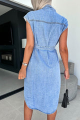 Cap Sleeve Double-breasted Strappy Denim Dress