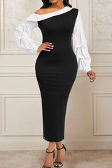 Carlita Black and White Asymmetric Lantern Sleeve Slit Maxi Dress