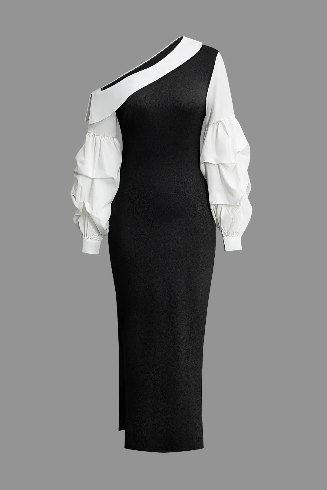 Carlita Black and White Asymmetric Lantern Sleeve Slit Maxi Dress