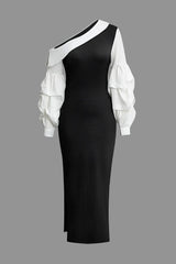 Carlita Black and White Asymmetric Lantern Sleeve Slit Maxi Dress