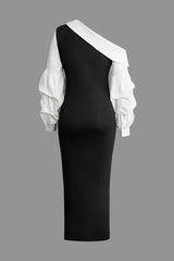 Carlita Black and White Asymmetric Lantern Sleeve Slit Maxi Dress