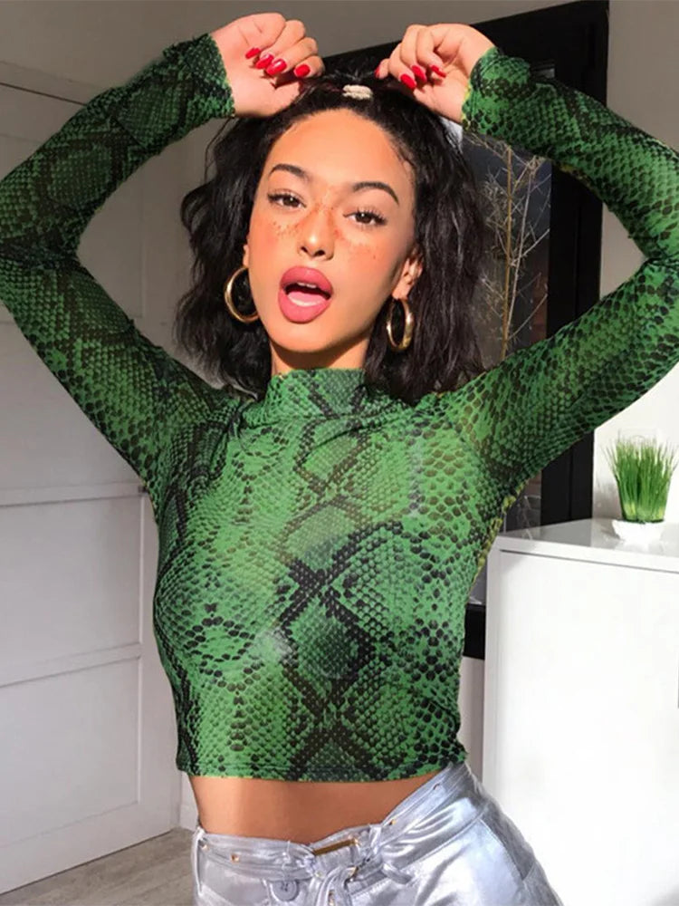 Casual Green Snake Print T Shirt Women Mesh Top Long Sleeve Transparent Snakeskin Female T-shirt High Neck Crop Tops