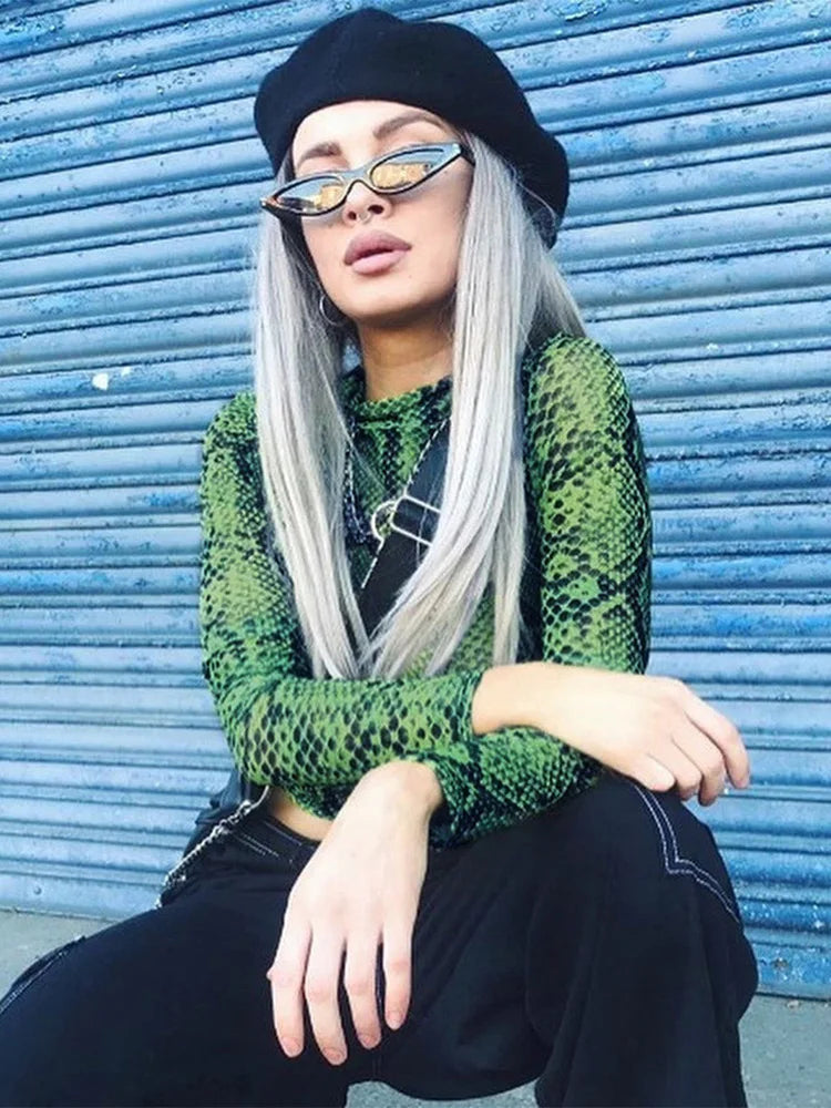 Casual Green Snake Print T Shirt Women Mesh Top Long Sleeve Transparent Snakeskin Female T-shirt High Neck Crop Tops