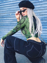 Casual Green Snake Print T Shirt Women Mesh Top Long Sleeve Transparent Snakeskin Female T-shirt High Neck Crop Tops