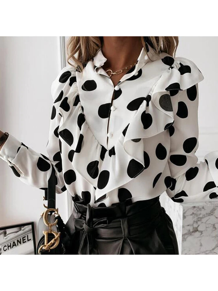 Casual Leopard Dot Print Ruffle Blouse Shirt Autumn Winter Long Sleeve Women Shirts Elegant Office Lady V-Neck Button Tops Blusa