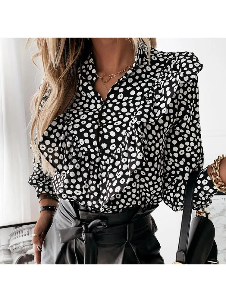 Casual Leopard Dot Print Ruffle Blouse Shirt Autumn Winter Long Sleeve Women Shirts Elegant Office Lady V-Neck Button Tops Blusa