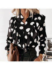 Casual Leopard Dot Print Ruffle Blouse Shirt Autumn Winter Long Sleeve Women Shirts Elegant Office Lady V-Neck Button Tops Blusa