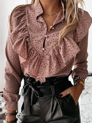 Casual Leopard Dot Print Ruffle Blouse Shirt Autumn Winter Long Sleeve Women Shirts Elegant Office Lady V-Neck Button Tops Blusa