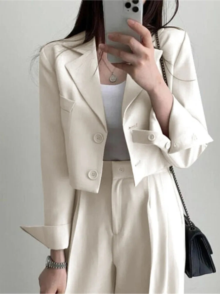 Casual Solid Suits Blazer Two Piece Sets Short Jacket Wide Leg High Waist Pants Office Lady Autumn Spring Korean Chic Outfits