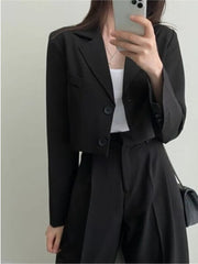 Casual Solid Suits Blazer Two Piece Sets Short Jacket Wide Leg High Waist Pants Office Lady Autumn Spring Korean Chic Outfits