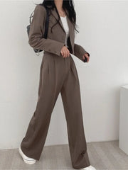 Casual Solid Suits Blazer Two Piece Sets Short Jacket Wide Leg High Waist Pants Office Lady Autumn Spring Korean Chic Outfits