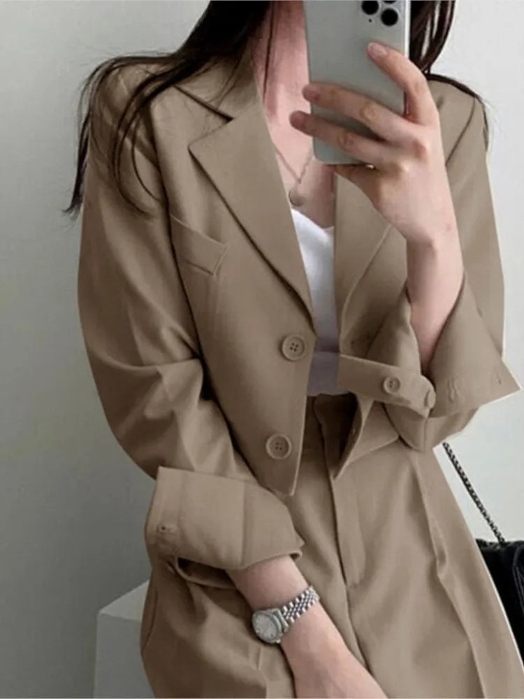 Casual Solid Suits Blazer Two Piece Sets Short Jacket Wide Leg High Waist Pants Office Lady Autumn Spring Korean Chic Outfits