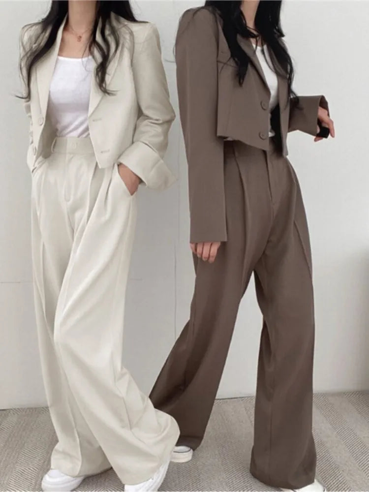 Casual Solid Suits Blazer Two Piece Sets Short Jacket Wide Leg High Waist Pants Office Lady Autumn Spring Korean Chic Outfits