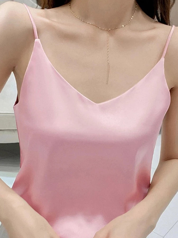 Casual V-Neck Sexy Solid Satin Woman Camis Tank Tops Chiffon Sleeveless Camisole Top Halter Camis Tops