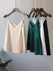 Casual V-Neck Sexy Solid Satin Woman Camis Tank Tops Chiffon Sleeveless Camisole Top Halter Camis Tops