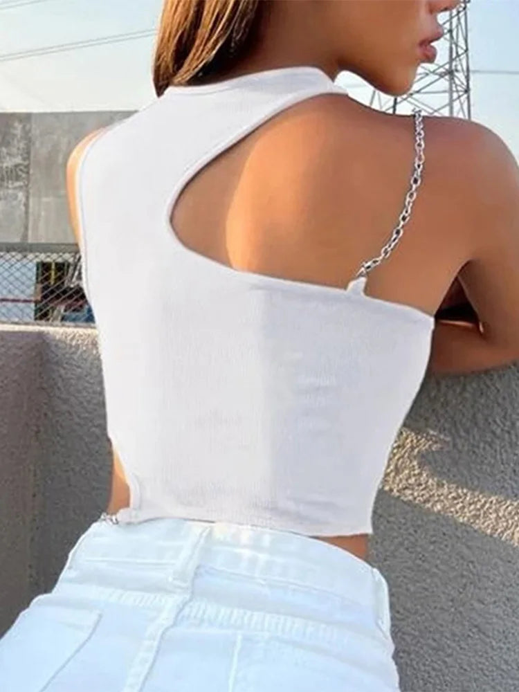 Chain Cut Out Rib Knit Crop Top Women Summer Y2K Clothes High Street Grunge Asymmetrical Neck Sleeveless Tank Top Streetwear