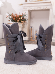 SMAIBULUN Ugg | Ribbon Lace-Up Faux Fur-lined Suede Boot - Charcoal