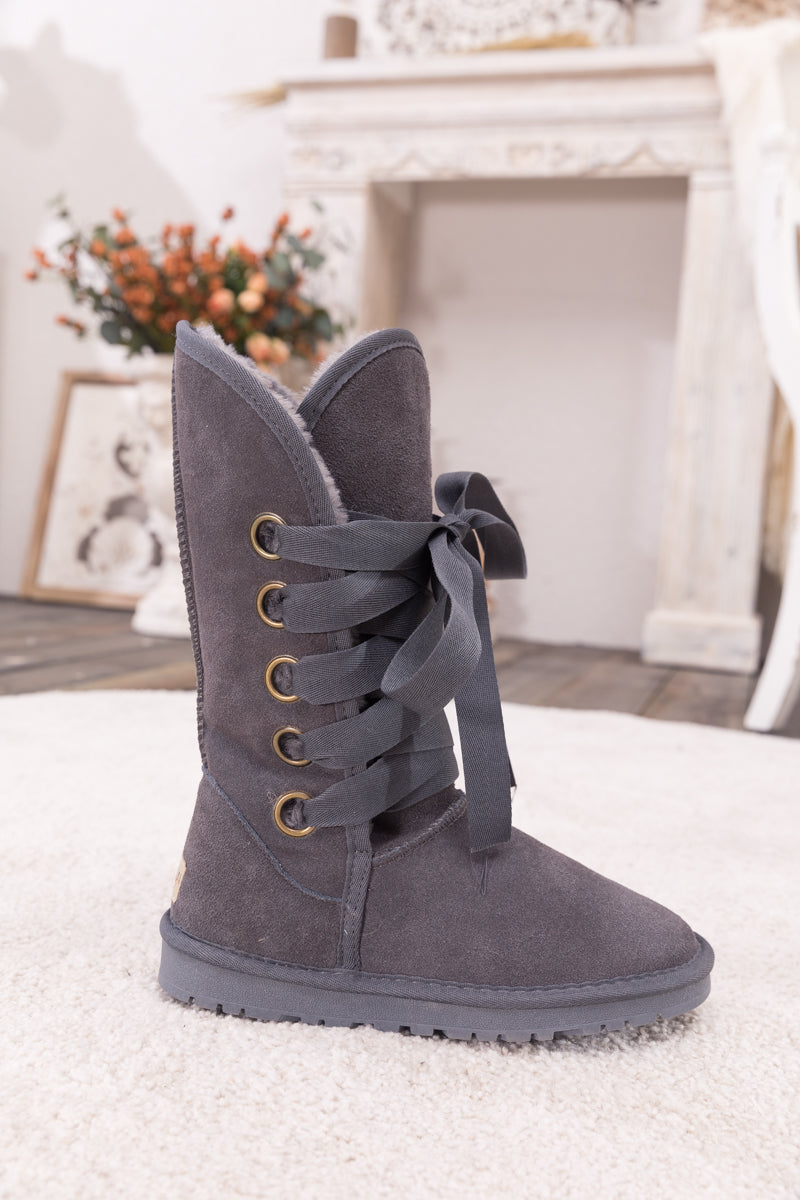 SMAIBULUN Ugg | Ribbon Lace-Up Faux Fur-lined Suede Boot - Charcoal