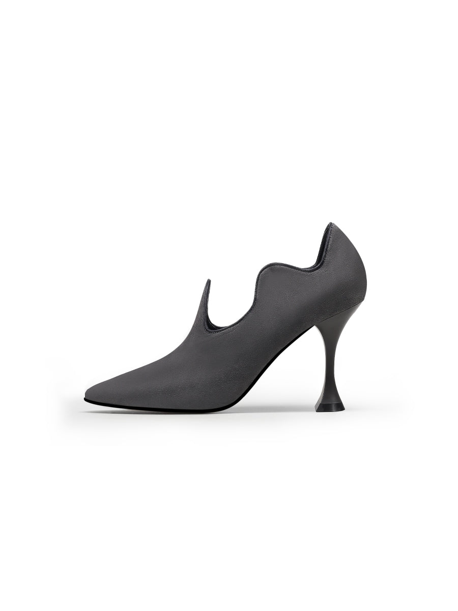 JadyRose | Scalloped Edges-Curve Shaped Leather Stilettos - Charcoal