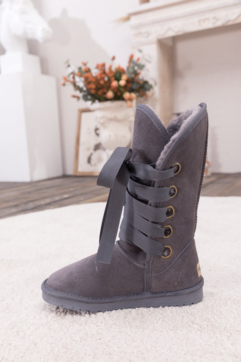 SMAIBULUN Ugg | Ribbon Lace-Up Faux Fur-lined Suede Boot - Charcoal