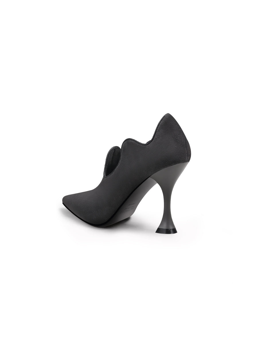 JadyRose | Scalloped Edges-Curve Shaped Leather Stilettos - Charcoal