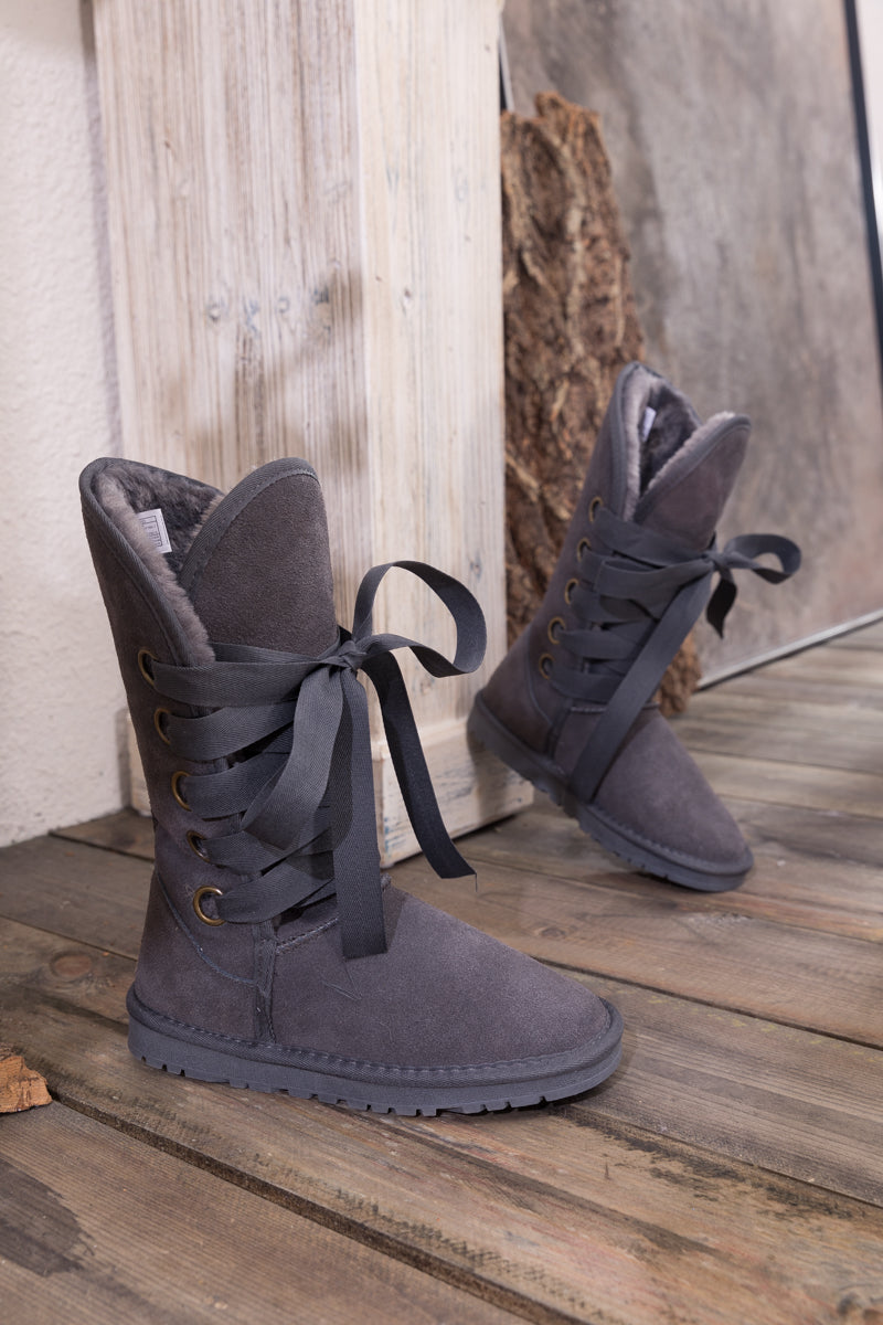 SMAIBULUN Ugg | Ribbon Lace-Up Faux Fur-lined Suede Boot - Charcoal