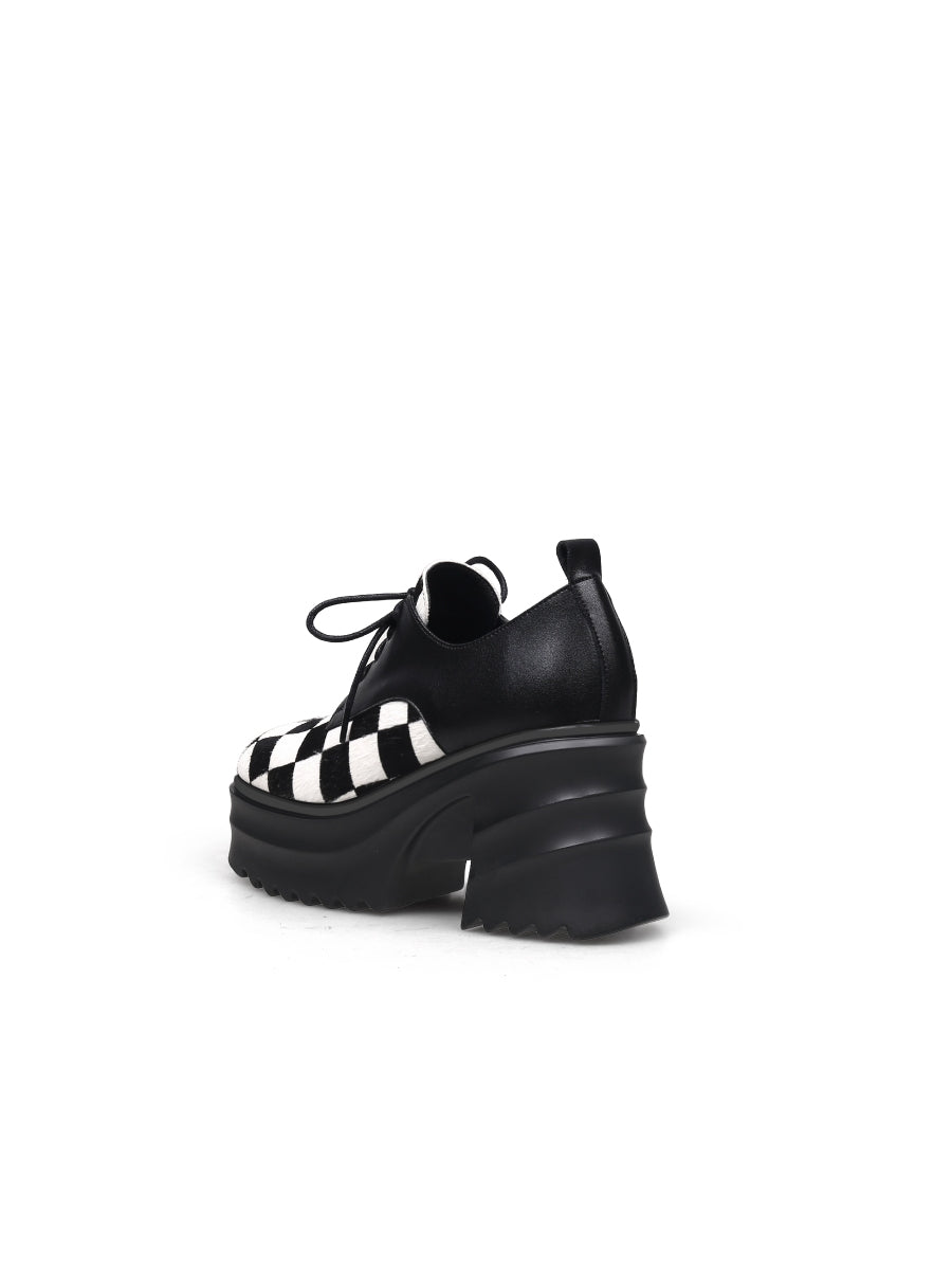 JadyRose | Chess Pattern Upper Leather Chunky Heel Oxford