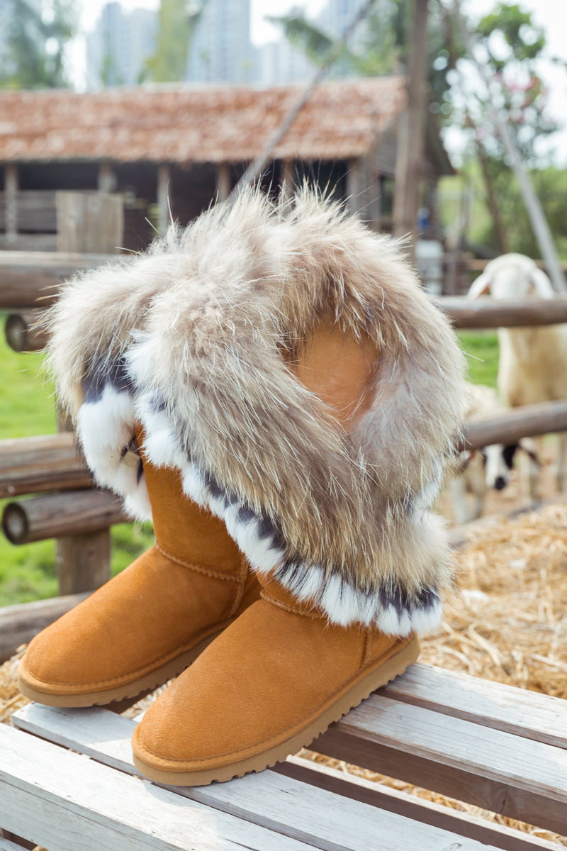 SMAIBULUN Ugg | Faux Fur Wool Lined Grazing Calf Boots - Chestnut