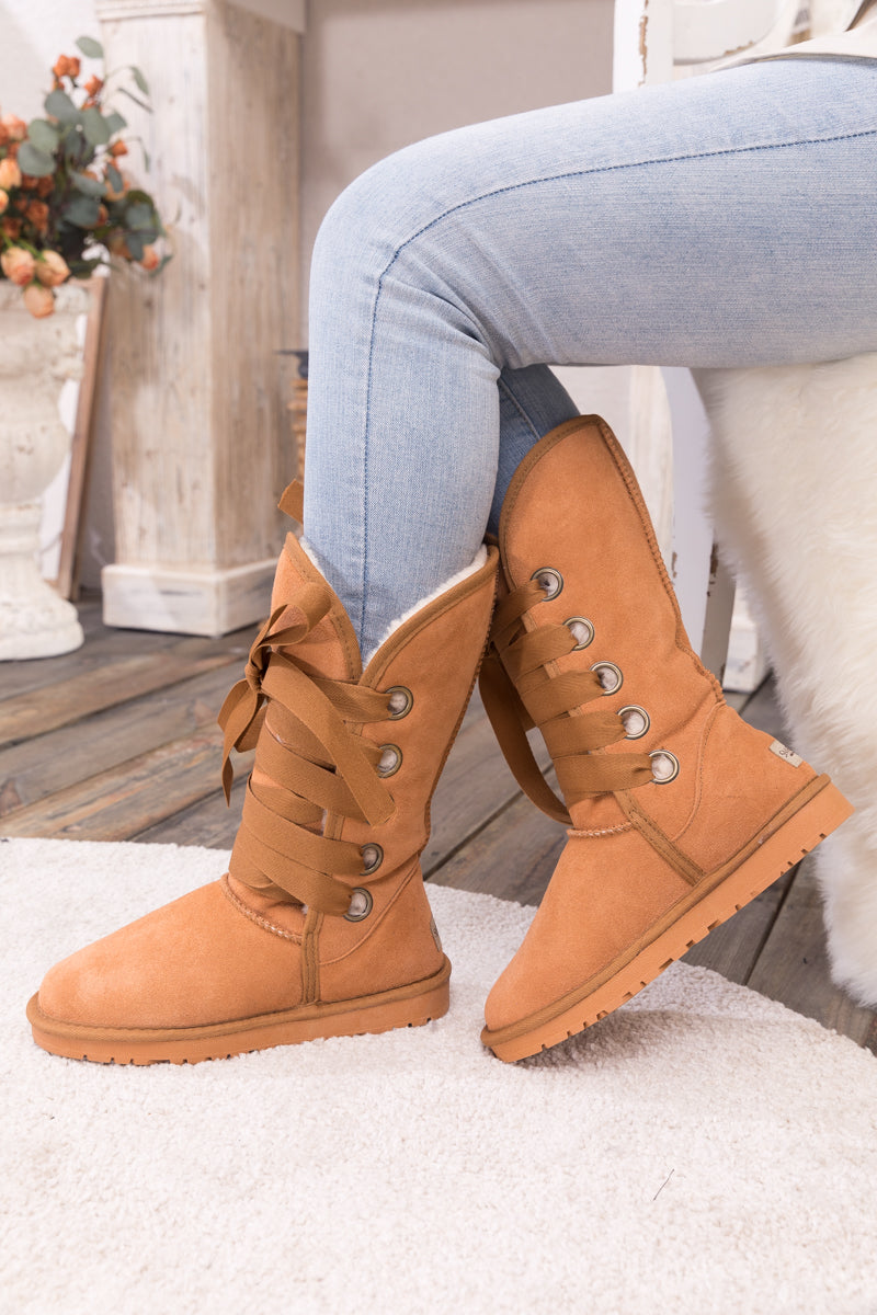 SMAIBULUN Ugg | Ribbon Lace-Up Faux Fur-lined Suede Boot - Chestnut