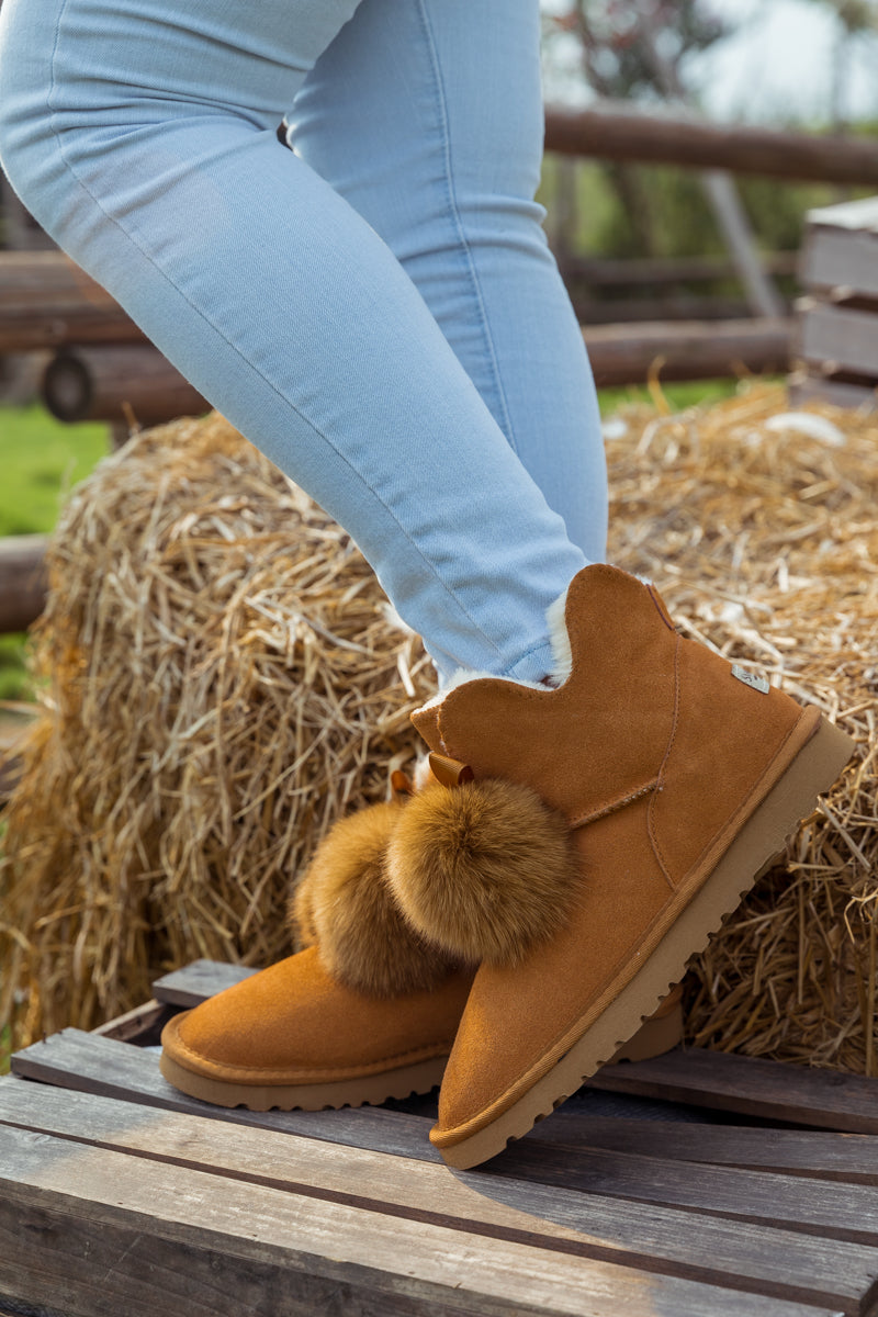 SMAIBULUN Ugg | Faux Fur Balls Suede Boot - Chestnut