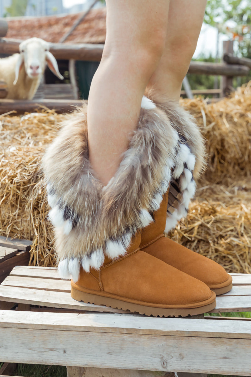 SMAIBULUN Ugg | Faux Fur Wool Lined Grazing Calf Boots - Chestnut