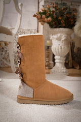 SMAIBULUN Ugg | Rhinestone Ribbon Tri-Tie Bow Suede Boots - Chestnut