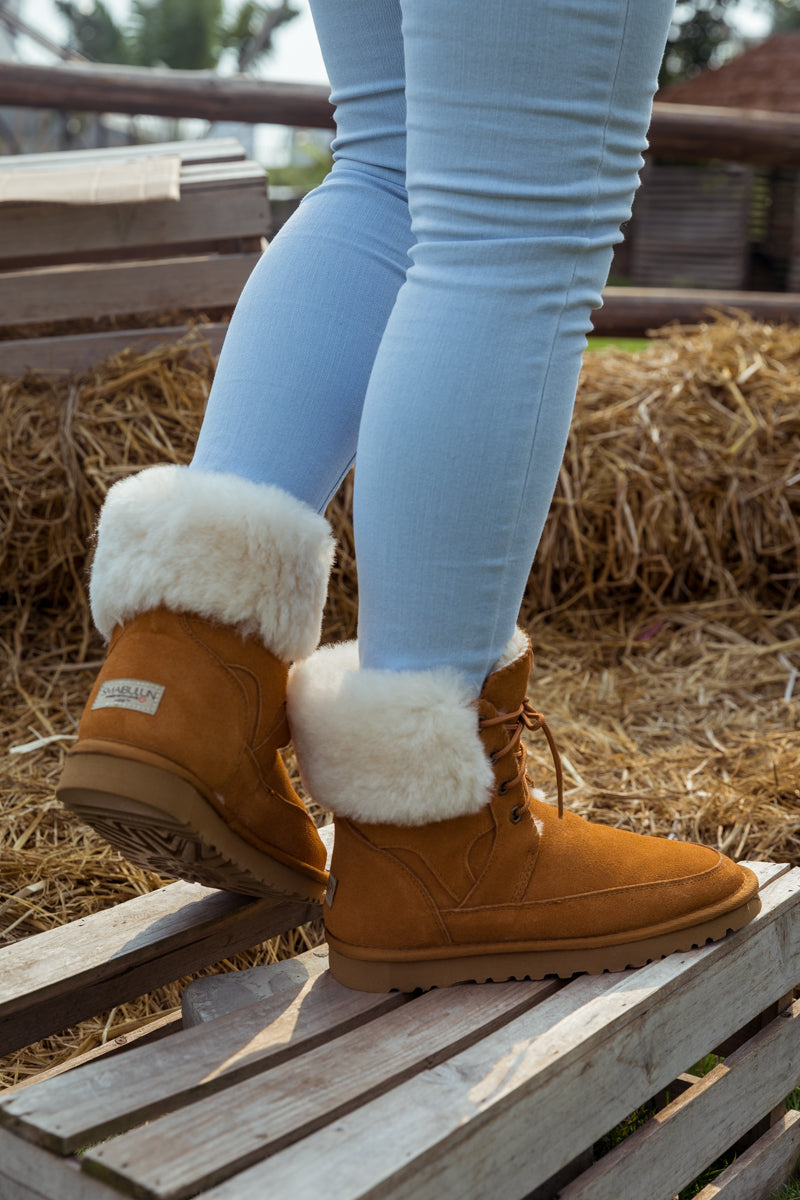 SMAIBULUN Ugg | WOOL LINED SUEDE TIE UP UGG BOOTS - CHESTNUT